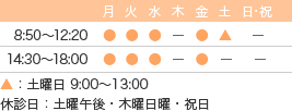 月火水木金土日・祝 ▲：土曜日 9:00〜13:00休診日：土曜午後・木曜日曜・祝日